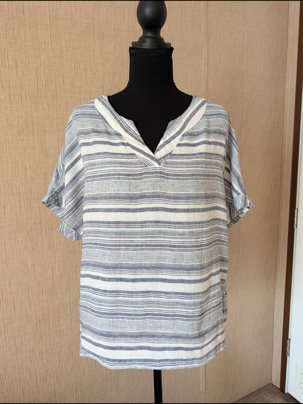 Artisan Ny Linen Blue & White Striped V-Neck Tunic
